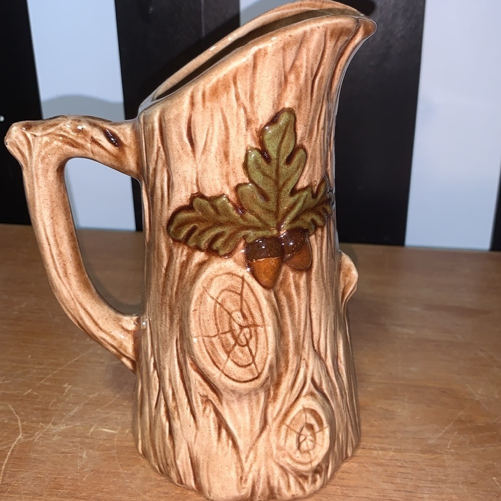 Retro Mushrooms Handmade Ceramic Wood Grain Pitcher or Vase Shelf / Home Decor - Picture 8 of 14